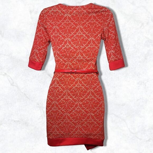 Dulce Carola Red & Gold Sparkly Lace Asymmetrical Cropped Sleeve Mini Dress - Picture 5 of 9